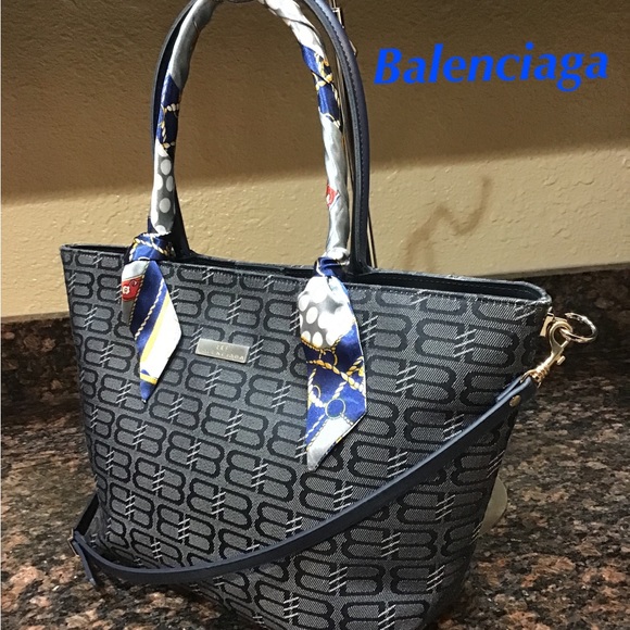 Balenciaga Handbags - Balenciaga Monogrammed Canvas Leather Tote